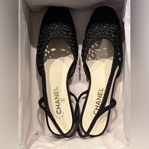CHANEL Satin Woven Slingback Flats